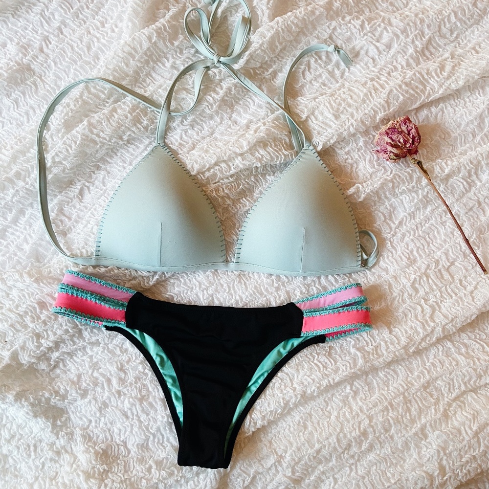 Crochet Trim Triangle Multicolor Bikini Set